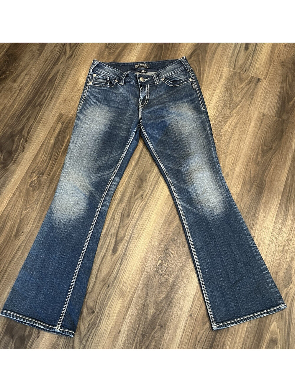 Silver Jeans Womens 30/ 32 Suki Surplus Bootcut Flap Pockets Whiskering Denim